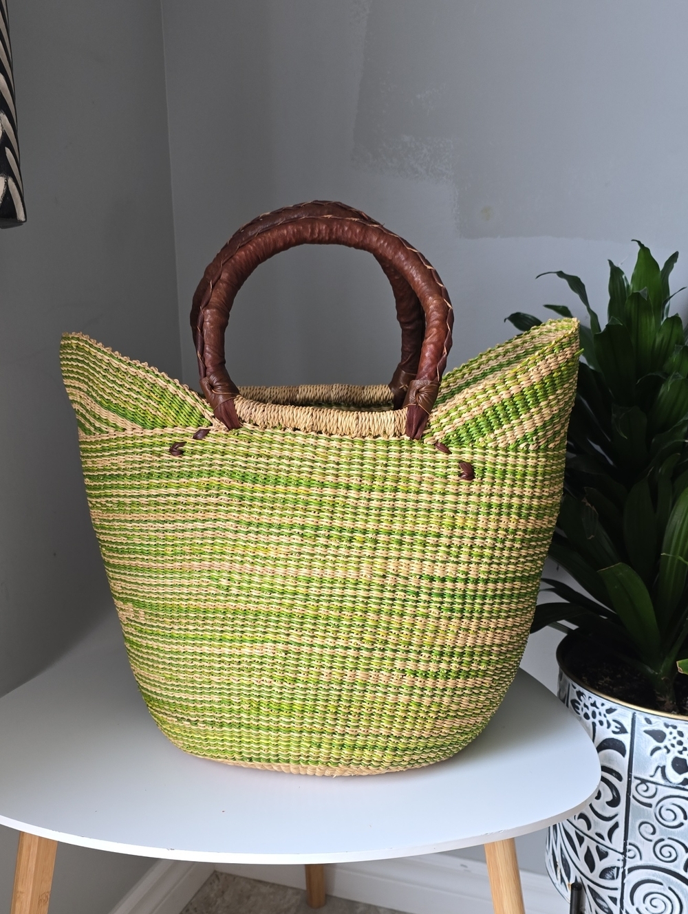 104 Handwoven Green Straw Storage Basket with Brown Leather Handles